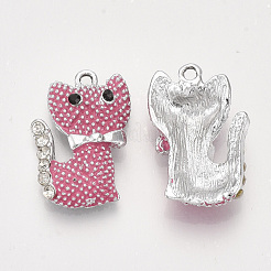 合金ラインストーンエナメル子猫ペンダント  バンピー  猫の形  プラチナ  濃いピンク  24x16x6mm  穴：1.8mm&nbsp;PALLOY-T056-104