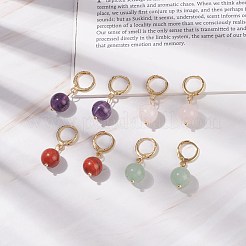 ラウンド ジェムストーン ダングル フープ イヤリング  女性のための金メッキ真鍮ジュエリー  30mm  ピン：0.8mm&nbsp;EJEW-JE04966