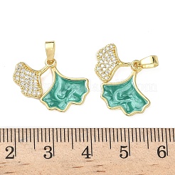 真鍮製マイクロパヴェキュービックジルコニアペンダント  エナメル  イチョウの葉  グリーン  15.5x14.5x3mm  穴：2.5x4.5mm&nbsp;KK-I371-32G-01