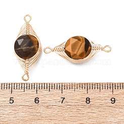 Natural Tiger Eye Faceted Hexagonal Cut Flat Round Links Connector Charms with Copper Herringbone Wire-Wrapped&nbsp;KK-Z152-07G-05