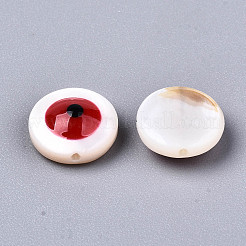 天然淡水シェルビーズ  エナメル  ナザールボンジュウ付きフラットラウンド  レッド  9x3.5mm  穴：0.8mm&nbsp;SHEL-T018-09A-01