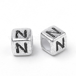 メッキアクリルビーズ  水平穴  文字付きのキューブ  アンティークシルバー  文字N  6mm  穴：3mm  約300個/50g&nbsp;X-PB43C9308-N