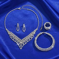 ティアドロップ合金クリスタルラインストーンブレスレット＆イヤリング＆ネックレス＆リングセット  プラチナ  310mm＆180mm＆27x8mm＆16~25mm&nbsp;FS-WG0D05A-03