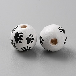 スプレープリントウッドビーズ  ジュエリー作りのための  足跡のある丸い  ホワイト  15.5mm  穴：3.8~4mm&nbsp;WOOD-WH0030-64E