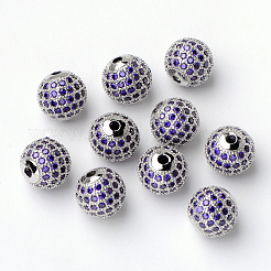 真鍮製キュービックジルコニアビーズ  ラウンド  パープル  プラチナ  10mm  穴：2mm&nbsp;ZIRC-D009-01P