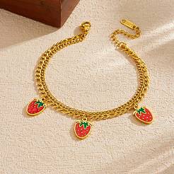 304 Stainless Steel Enamel Red Strawberry Charm 2-Strand Bracelets for Women&nbsp;WG018B1-01