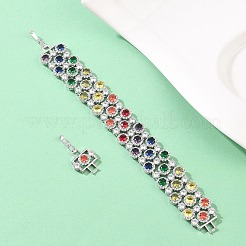 プラチナトーン真鍮マイクロパヴェキュービックジルコニアテニスブレスレット  女性用リンクブレスレット  フラットラウンド  ガラスと時計バンドの留め金付き  長持ちメッキ  カラフル  8-1/2x3/4インチ（21.5x2cm）&nbsp;BJEW-B160-11P