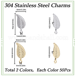 100個2色304ステンレススチールチャーム  葉  ゴールデン·ステンレス鋼色  14~14.x6x0.5mm  穴：0.8~1.2mm  50個/カラー&nbsp;STAS-SC0006-86