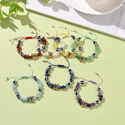 調整可能な天然宝石チップ編みビーズ ブレスレット  女性のための樹脂のナザールボンジュウと合金の蝶のブレスレット  ミックスカラー  内径：1-7/8~3-1/4インチ（4.8~8.2cm）  7個/セット&nbsp;BJEW-JB09058