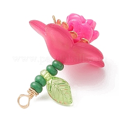 ガラスシードビーズのバラの花のペンダント  アクリルと銅線を使用  ライトゴールド  濃いピンク  25.5~26x19.5~20mm  穴：2mm&nbsp;PALLOY-MZ01231-01