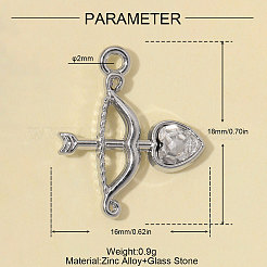 亜鉛合金とガラスのペンダント  弓矢のお守り  ハンドポリッシュ  透明  プラチナ  18x16mm  穴：2mm&nbsp;GL-OY001-07P
