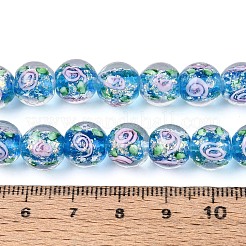 手作りの箔ガラスビーズ連売り  ラウンド  インナー花と  ディープスカイブルー  9.5~10.5mm  穴：1.2~1.6mm  約38~40個/連  13.98~14.76インチ（35.5~37.5cm）&nbsp;FOIL-N033-04C
