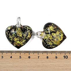 ランプワークペンダント  フォイルガラス付き  ハート  ブラック  35x29.5x11.5mm  穴：5mm&nbsp;FOIL-K003-02D