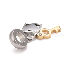 304ステンレススチール製ヨーロピアンダングルチャーム  大穴ペンダント  キー＆ロック  ゴールデン·ステンレス鋼色  27.5mm  穴：4.5mm  キー：12x5x1.5ミリ  ロック：11x8x1.5mm&nbsp;STAS-I194-10GP