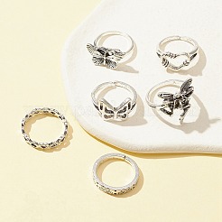 6 個 6 スタイルバタフライ & ハート & チェーン形状合金スタッカブルリングセット  女性のためのゴシックジュエリー  アンティークシルバー  内径：16~17.3mm  1個/スタイル&nbsp;RJEW-FS0001-05A