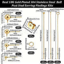 304ステンレススチール製ボールポストスタッドピアス金具、フラットヘッドピン、ボールヘッドピン、アイピン、丸カン  201ステンレス製イヤーナット  18KGP本金メッキ  15x5x3mm  穴：1.5mm&nbsp;STAS-BBC0010-38G