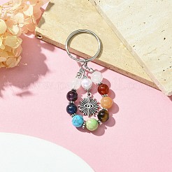 7 Chakra Gemstone Bead Pendant Keychain with Tibetan Style Alloy Charm&nbsp;KEYC-JKC00539-01