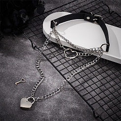 1Pc Aluminum Heart Lock Key Pendant PU Leather Choker Necklaces for Women&nbsp;NJEW-UN0001-69