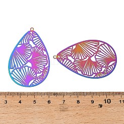 201 ステンレススチール製フィリグリーペンダント  エッチングされた金属装飾  イチョウの葉のチャームが付いたティアドロップ型  イオンプレーティング（ip）  カラフル  45x30x0.4mm  穴：1.4mm&nbsp;SA-CBAEF74-01