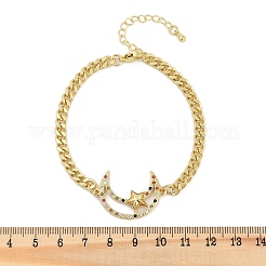 真鍮マイクロペーブクリアキュービックジルコニアリンクブレスレット  女性用キューバチェーンジュエリー  18KGP本金メッキ  ムーン  7-3/8インチ（18.7cm）  ペンダント：30x20x4mm&nbsp;BJEW-M050-03G-01