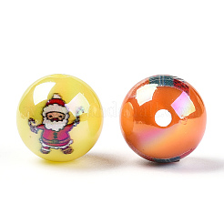 クリスマステーマのABメッキ不透明アクリルビーズ  印刷された円形  ミックスカラー  15.5x15mm  穴：2.5mm&nbsp;SACR-T017-05