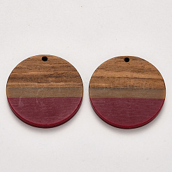 樹脂＆ウォールナットウッドペンダント  ワックス  フラットラウンド  ミックスカラー  32.5x3~4mm  穴：2mm&nbsp;RESI-S384-009A-A
