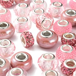 DIYジュエリー作成キット  50個入り5スタイルロンデルアクリル＆ポリマークレイラインストーン＆レジンラインストーン＆透明ガラス＆パール仕上げ手作り磁器ヨーロピアンビーズ  ピンク  10~16x7~10mm  穴：4.5~5mm  10個/スタイル&nbsp;DIY-LS0001-78B