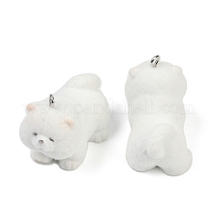フロッキー樹脂ペンダント  犬  プラチナ鉄ループ付き  ホワイト  28x19x34mm  穴：2mm&nbsp;FIND-A052-07J