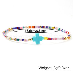 Bohemian Cross Charm Glass Seed Bead & Brass Beads Stretch Bracelet for Women&nbsp;SA4132-7