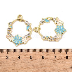 メッキ合金エナメルチャームラック  ラインストーン付き  ゴールドカラー  花輪のチャーム  ライトスカイブルー  28.5x22x2.5~3mm  穴：1.2mm&nbsp;FIND-M020-03B-G