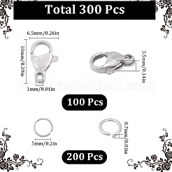 304ステンレススチール製ロブスタークロウ留め金100個  200個のオープン丸カン付き  ステンレス鋼色  10x6.5x3.5mm  穴：1mm&nbsp;STAS-SC0007-10