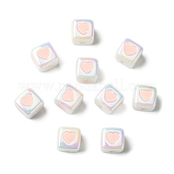 不透明アクリルエナメルビーズ10個  ハートを持つキューブ  ピンク  12x12x12mm&nbsp;ACRC-FS0001-02G