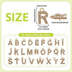 合金ラインストーンチャーム2セット  a～zの文字  ライトゴールド  13x3.5~14x2mm  穴：1.6mm  26個/セット&nbsp;ENAM-TA0008-99LG