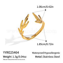女性用304ステンレススチールカフオープンリング  ハトのいる葉っぱ  18KGP本金メッキ  10.6mm  usサイズ8 1/2(18.5mm)&nbsp;ZK8661