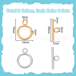 16セット2色304ステンレススチールリングマンテル  ゴールデン·ステンレス鋼色  リング：19x14x2mm  バー：20x7x2mm  穴：3mm  8セット / カラー&nbsp;STAS-UN0063-26