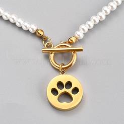 304ステンレススチールペンダントネックレス  アクリルイミテーションパールラウンドビーズとマンテル付き  犬の足の印刷物とフラットラウンド  ホワイト  ゴールドカラー  17.95インチ（45.6cm）&nbsp;NJEW-B0001-15G