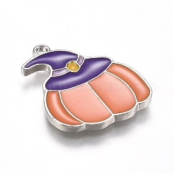 ハロウィンテーマアロイエナメルペンダント  紫色の魔法の帽子とオレンジ色のカボチャ  プラチナ  22x18.5x1.5mm  穴：1.6mm&nbsp;ENAM-J649-07P