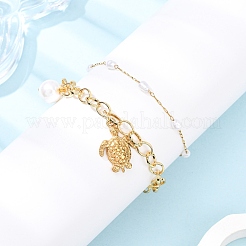 2Pcs 2 Styles 304 Stainless Steel Sea Turtle & Round Shell Pearl Charm Bracelets & 316 Surgical Stainless Steel Plastic Imitation Pearl Link Bracelets Set for Women&nbsp;BJEW-JB12422