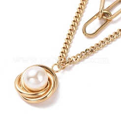 PVD Vacuum Plating 304 Stainless Steel Double Chains Multi Layered Necklace with Plastic Pearl Flower Charm for Women&nbsp;STAS-E155-20G