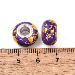 不透明樹脂ロンデルヨーロピアンビーズ  金箔とシルバートーンの真鍮ダブルコア付き  大穴ビーズ  パープル  13.8x8.5mm  穴：4.5~5mm&nbsp;RESI-Z046-01G