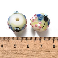 手作りランプワークビーズ  トンボと花の丸  シャンパンゴールド  15~15.5x13.5~14mm  穴：2.8mm&nbsp;LAMP-K042-08C