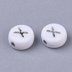 メッキアクリルビーズ  シルバーライン入り  水平穴  アルファベット付きフラットラウンド  ホワイト  文字.x  7x4mm  穴：1.2mm  約316個/44g&nbsp;LS-PACR-R243-04X