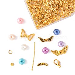 DIY天使ペンダント作りキット  合金、模造真珠、ラウンド、ラインストーンビーズを含む  亜鉛合金カニカン  鉄平頭ピン  合金デイジースペーサービーズ  ゴールドカラー  22x9x3mm  穴：1mm  16pc&nbsp;DIY-FS0009-81