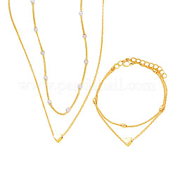 Heart Alloy & Plastic Imitation Pearls Round Beaded Necklaces & Double Layer Bracelets Sets&nbsp;FS-WGC2DB5-01