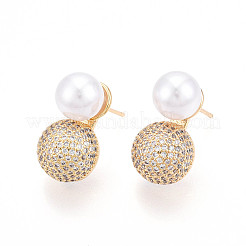 Brass Micro Pave Cubic Zirconia and ABS Imitation Pearl Stud Earrings&nbsp;KK-T074-47G