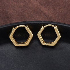 女性のための真鍮の六角形のヒンジ付きフープピアス  長持ちメッキ  カドミウムフリー＆ニッケルフリー＆鉛フリー  18KGP本金メッキ  14x15.5x3.5mm  ピン：0.8mm&nbsp;EJEW-P206-11G