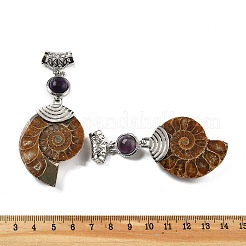 天然アメジスト化石カタツムリペンダント  合金パーツ  白金金属色  58~78x29~35x8~9mm  穴：4x6mm&nbsp;G-F062-16
