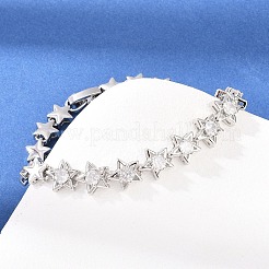 真鍮マイクロパヴェクリアキュービックジルコニアスターリンクチェーンブレスレット  女性のための輝くリンクジュエリー  長持ちメッキ  ラックめっき  鉛フリー＆カドミウムフリー  プラチナ  7.09インチ（18cm）&nbsp;BJEW-F528-02P