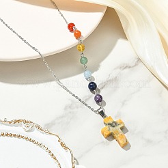 Chakra Natural Mixed Gemstone Religion Cross Pendant 304 Stainless Steel Cable Chain Necklaces for Women&nbsp;NJEW-JN06268