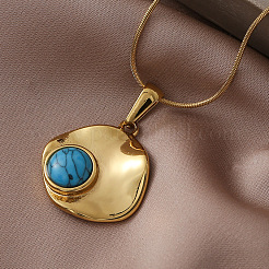 304 Stainless Steel with Dyed Synthetic Turquoise Disc Pendant Necklaces for Women&nbsp;ON4830